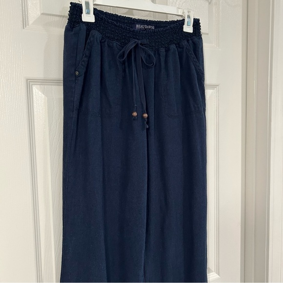Beau Dawson Women Wide Leg Linen Blend Pants Size L Navy Pockets Elastic Waist - Picture 1 of 17